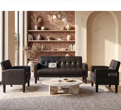 62" W Leather Loveseat and 2 Chairs, Living Room Sets W/Charging Station3