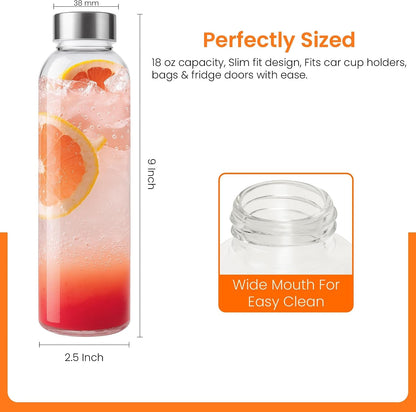 Clear Glass Bottles with Lids 18Oz Water Bottles, Steel Cap, 6-Pack | Reusable Travel-Friendly Juice Bottles Rust-Resistant Durable Glass Stainless Steel Air and Water Tight Lids 100% Leak Proof2