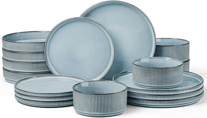 Dinnerware Stoneware Sets with Pasta Bowls, 16 Piece Plates and Bowls Set for 4, Ribbed Dishes Set for Home, Microwave and Dishwasher Safe, Slate Blue1