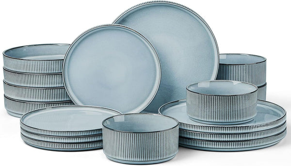 Dinnerware Stoneware Sets with Pasta Bowls, 16 Piece Plates and Bowls Set for 4, Ribbed Dishes Set for Home, Microwave and Dishwasher Safe, Slate Blue1