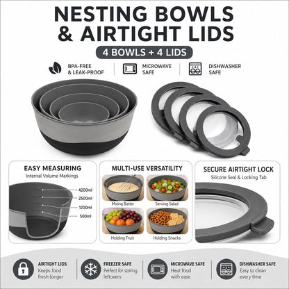 Pera Plastic Mixing Bowls with Lids - 8-Piece Airtight Leak-Proof Nesting Bpa-Free Prep Bowl Set for Kitchen & Food Storage, Large 4200Ml Capacity, Microwave & Dishwasher Safe (Black)2