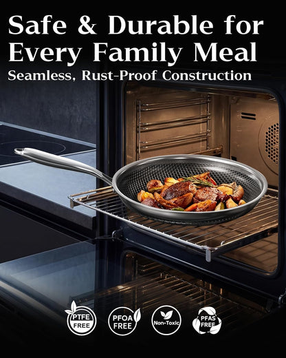 Nonstick Frying Pan Set, 8+10+12 Inch, Honeycomb Stainless Steel Skillet Pans Set, Pfoa-Free Scratch-Proof, Dishwasher & Oven Safe, Compatible with All Cooktops4