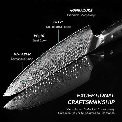 Chef Knife - 8"- Shogun Series Japanese Style VG10 Steel Core Hammered Damascus Blade Kitchen Knife - with Sheath & Case3