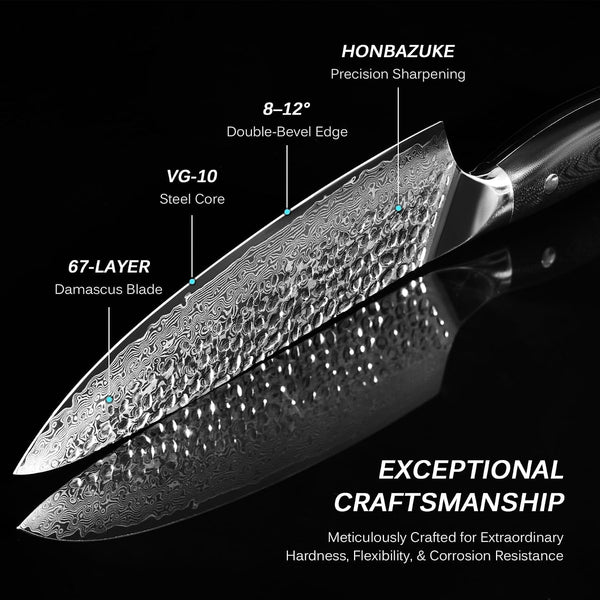 Chef Knife - 8"- Shogun Series Japanese Style VG10 Steel Core Hammered Damascus Blade Kitchen Knife - with Sheath & Case3