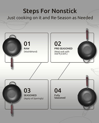 Wok Pan, Carbon Steel Wok, Woks & Stir-Fry Pans Nonstick, 13 Inch Wok Pan with Wooden Lid, Pre-Seasoned Carbon Steel Cookware, 5.8QT Flat Bottom Chinese Wok Pan, Compatible with All Cooktops3
