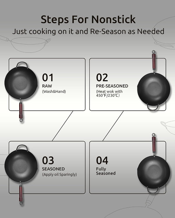 Wok Pan, Carbon Steel Wok, Woks & Stir-Fry Pans Nonstick, 13 Inch Wok Pan with Wooden Lid, Pre-Seasoned Carbon Steel Cookware, 5.8QT Flat Bottom Chinese Wok Pan, Compatible with All Cooktops3