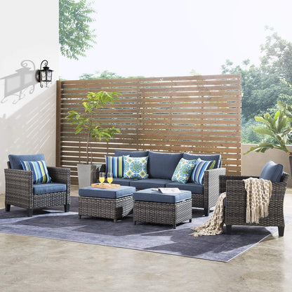 Patio Furniture Set, 5 Pieces Outdoor Wicker Sofa Couch with Chairs, Ottomans and Comfy Cushions, All Weather High Back Rattan Conversation Set, Denim Blue8