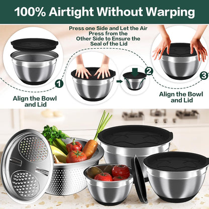 Mixing Bowls with Airtight Lids, Stainless Steel Mixing Bowl Set with 3 Nesting Kitchen Metal Bowls, Colander & Grater, Non-Slip Bottoms, Size 1.5, 2.5, 5 QT, Great for Mixing & Serving, Black2