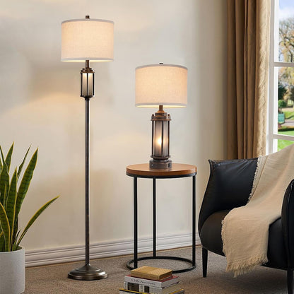 New - Same Matching Floor Lamp - 65'' Floor Lamp + 25'' Table Lamp, Farmhouse Nightstand Lamp with Frosted Glass Nightlight Linen Fabric Shade for Living Room, Bedroom, Entryway Office, Bulb Included1