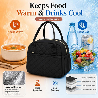 Lunch Box for Women Insulated Lunch Bag Lunchbox Cooler Thermal Leakproof Quilted Reusable Lunch Tote Bag for Work School Travel Picnic (Black)4