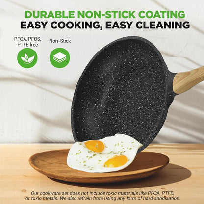 22 Pc Cookware and Bakeware Set, Multi Sized Non Stick Pans Set | PFOA/ PFOS Free, High Quality Aluminum, Includes Fry Pans, Utensils, Gass Lids, Induction, Gas & Electric Cooktops Compatible3