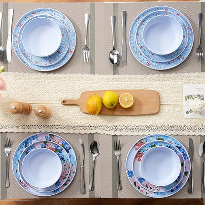 12 Pcs Melamine Dinnerware Set for 4, Floral Plates and Bowls Set7
