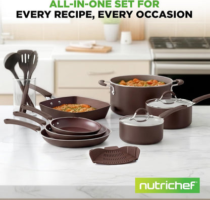 14-Piece Nonstick Brown Cookware Set - Scratch-Resistant Kitchen Pots and Pans with Lids & Utensils, for All Cooktops - NCCW14SBR7