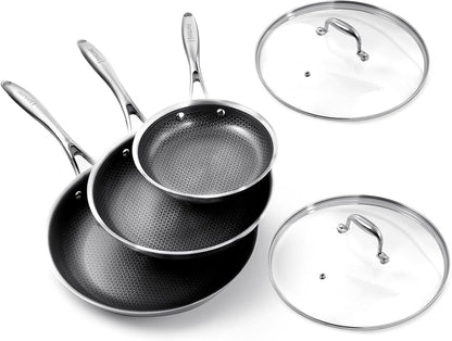 5Pc Hybrid Nonstick Frying Pans Set with Lids, 8, 10 & 12" Pans | Ceramic Nonstick,Stay-Cool Handle, Dishwasher Oven Safe, for All Stovetops Induction for Home Daily Cooking (Black)1