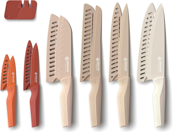 Knife Set, 13 Pieces Kitchen Knives Set with Sharpener, Anti-Rust Coating and Blade Guard, Home Essentials, Camping Essentials - Muliticolor1