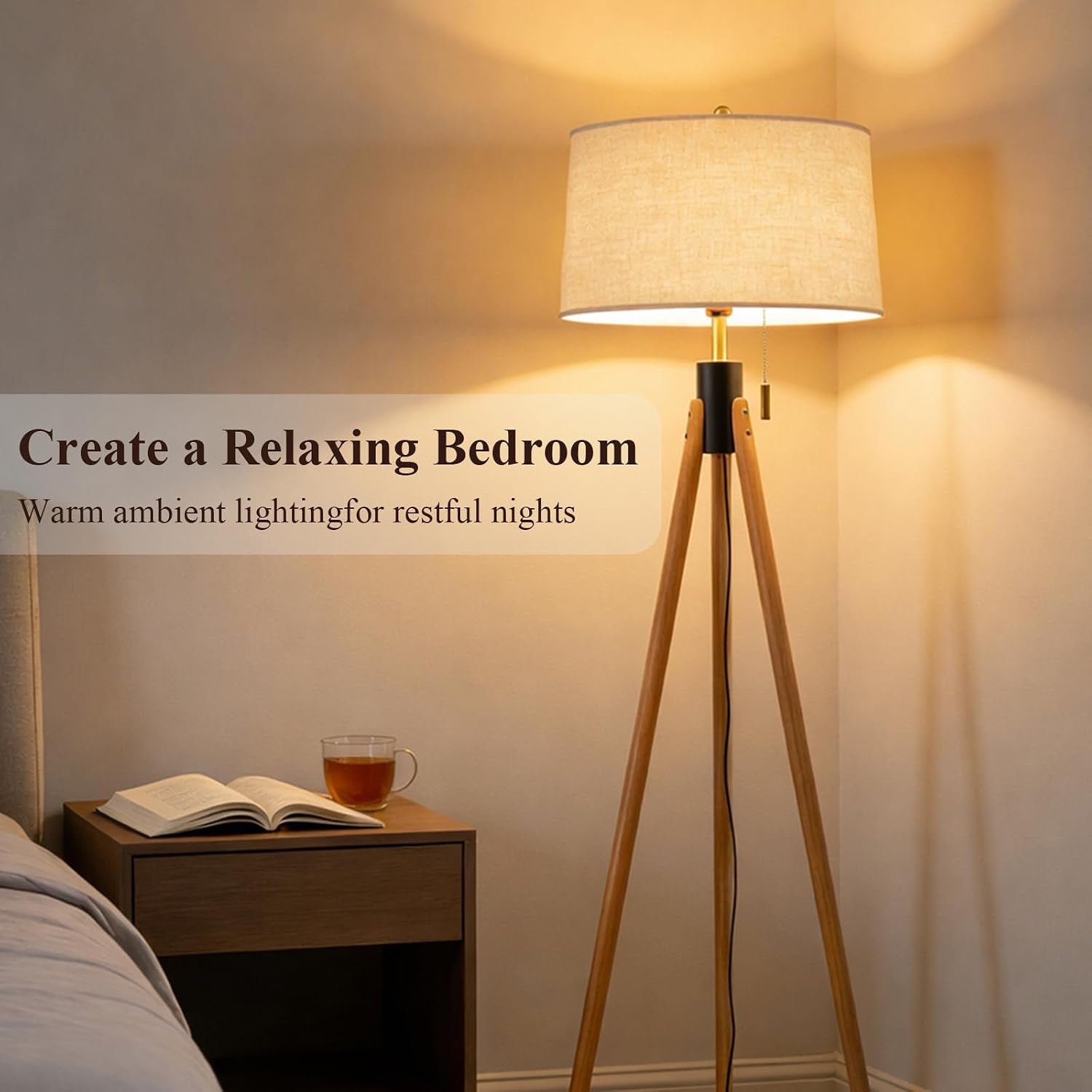 mid-century-tripod-floor-lamp-with-pull-chain-black-gold-finish-two-tone-solid-wood-design-linen-tapered-drum-shade-tall-standing-lamp-for-living-room-bedroom-reading-corner-bulb-included