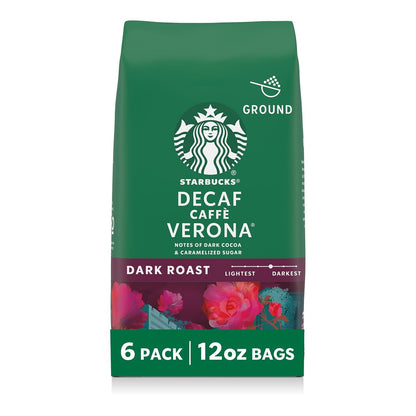 Starbucks Ground Coffee, Dark Roast Hot or Iced Coffee, Decaf Caffè Verona, Six 12 Oz Bags​ | 100% Arabica Decaf Ground Coffee; Dark Roast Decaf Caffè Verona; 6 Bags, 12 Oz Each (72 Oz Total)1