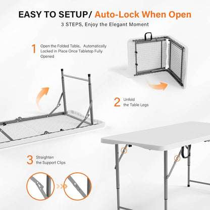 4 FT Plastic Folding Camping Table,3-Level Adjustable Height, Portable In/Outdoor Party Picnic Dining Desk, Garden Soccer Multipurpose Entertaining Activities，White5