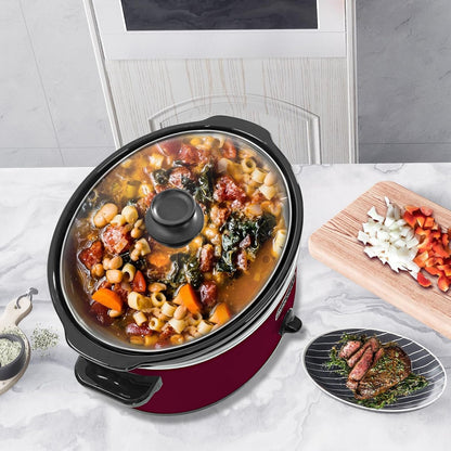 7 Quart Slow Cooker Oval Manual Pot Food Warmer with 3 Cooking Settings, Red Stainless Steel6