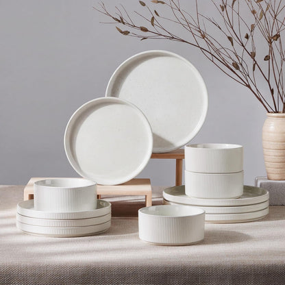 Dinnerware Sets, Plates and Bowls Set for 4, Speckled Ivory White1
