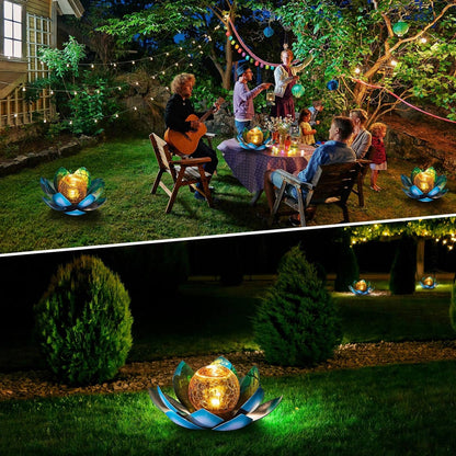 Solar Light Outdoor Garden Decor Blue Metal Crackle Globe Glass Waterproof LED Lotus Flower Table Lamp Decorations for Patio Yard Porch Pathway Ground7