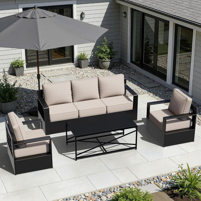 Outdoor Aluminum Furniture Set, 4-Piece Patio Conversation Set, 2 Chairs, 1 Sofa and 1 Table, All-Weather Metal Frame, 6" Thick Removable Cushions, Deep Setting for Garden, Poolside and Porch1