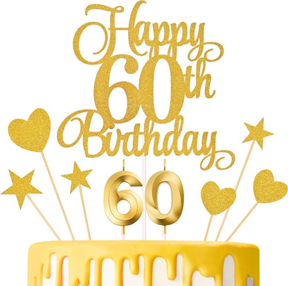 60Th Birthday Cake Toppers, 60Th Birthday Candles Numeral Candles and Glitter Cake Decorations Toppers Set for Party Supplies (Gold)1