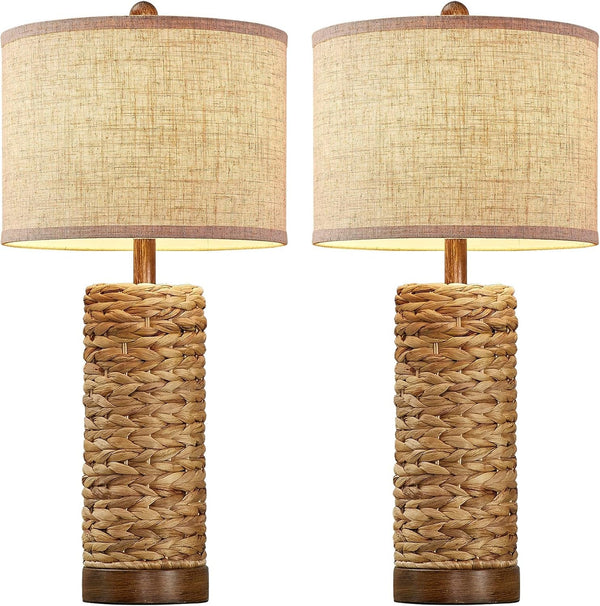 27.5'' Tall Natural Rattan Table Lamps Set of 2, Hand - Woven Wicker Lamp with Linen Shade, Rustic Coastal Boho Style Table Lamps for Bedroom, Living Room, Home Decor7