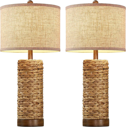 27.5'' Tall Natural Rattan Table Lamps Set of 2, Hand - Woven Wicker Lamp with Linen Shade, Rustic Coastal Boho Style Table Lamps for Bedroom, Living Room, Home Decor7