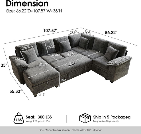 107.8" Modular Sectional Sleeper Sofa with Pull Out Bed, U Shaped 7 Seat Couch with 221L Storage, Convertible Cloud Couch Bed with Ottoman, Sectional Couches for Living Room, Apartment (Gray)2