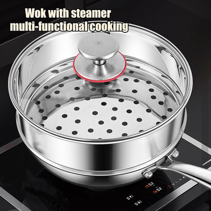 5 Ply Clad Stainless Steel Wok Pan with Lid/Steamer, No Coating Non-Stick Flat Bottom Wok, Even Heating Frying Pans, Compatible with All Cooktops,No Lid,9.45In7