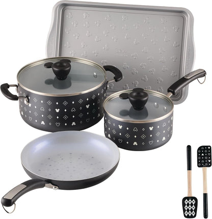 Disney Monochrome Ceramic Nonstick Cookware Pots and Pans with Baking/Bakeware Cookie Pan and Kitchen Cooking Tool Set, Dishwasher Safe, 8 Piece Cookware Set - Black1