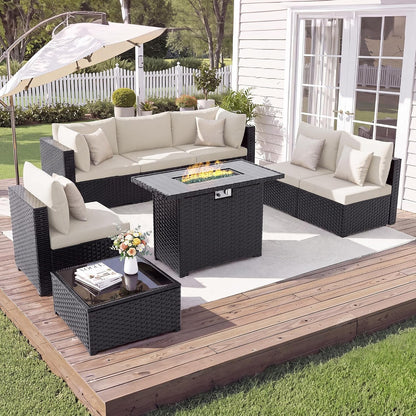 8 Pieces Patio Furniture Set with Fire Pit Table, Beige9