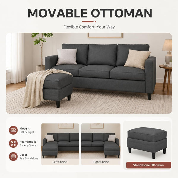 73.6" L-Shaped Small Sectional Sofa with Ottoman, Gray5