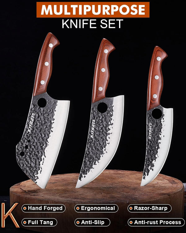 3PCS Butcher Knife Set, Razor Sharp Hand Forged Meat Cleaver & Boning Knives for Meat & Bone Cutting, Kitchen Knives for Cooking BBQ, Gift for Men & Women3