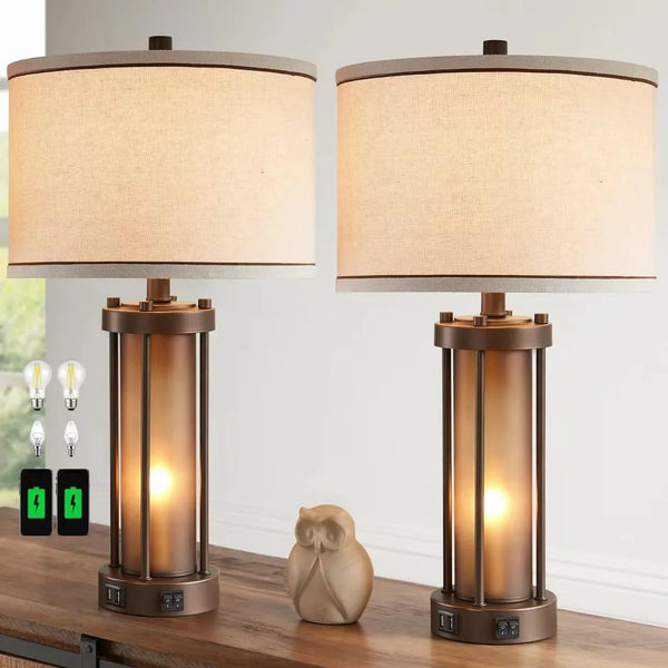 Set of 2 Farmhouse Table Lamps for Living Room with 2 USB Charging Ports | Vintage Rustic Nightstand Lamps with Amber Glass Nightlight, Retro Desk Lamps for Bedroom Entryway, 4 Bulbs Included (Brown)1