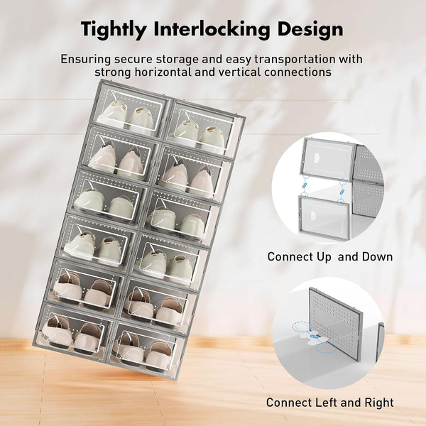 Shoe Storage Box, 15 Pack Clear Plastic Stackable Organizer for Closet, Interlocking Design Shoes Container Bins for Sneakers, Foldable Shoe Rack with Lids, Grey3