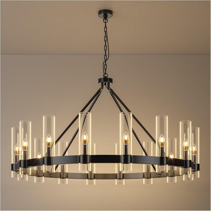 48 Inch Black Wagon Wheel Chandelier with Glass Shade, 16 Lights, Modern Farmhouse Style, Ideal for Dining Room, Kitchen, Entryways1