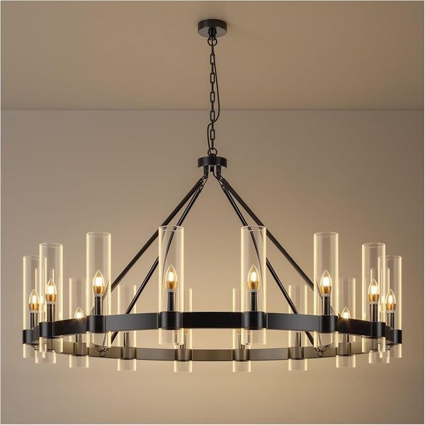 48 Inch Black Wagon Wheel Chandelier with Glass Shade, 16 Lights, Modern Farmhouse Style, Ideal for Dining Room, Kitchen, Entryways1
