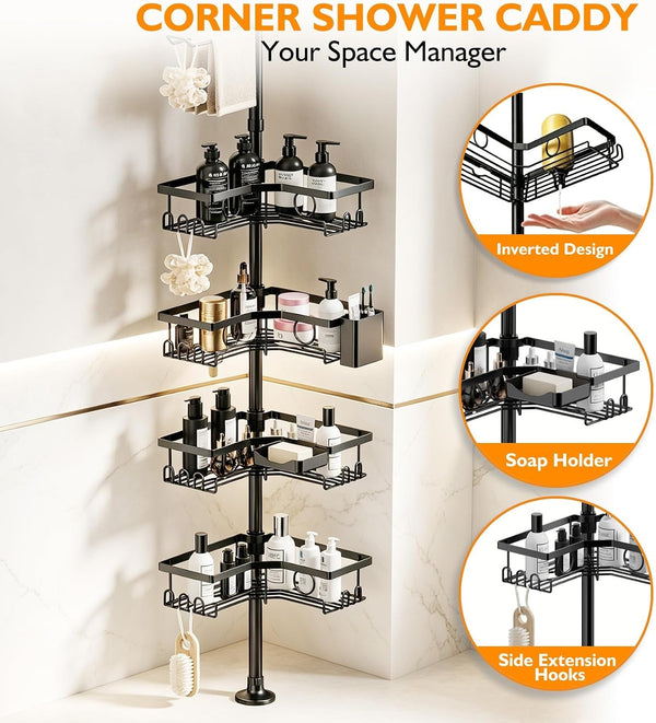 Black Corner Shower Caddy Tension Pole 4-Tier Shower Organizer3