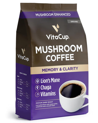 Mushroom Coffee Grounds, with Lions Mane, Chaga, B Vitamins, D3, Boost Focus, Immunity, Memory & Clarity, Medium Dark Roast, Bold & Smooth 100% Arabica Specialty, 10 Oz1