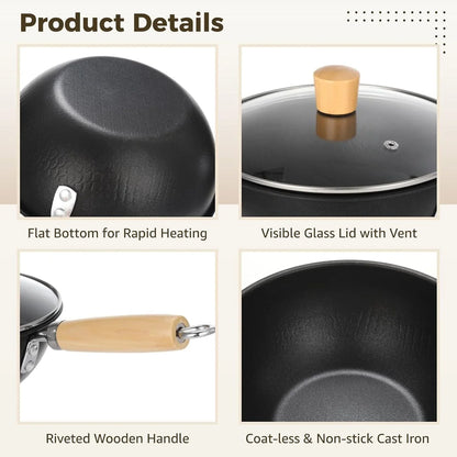 Small Wok with Lid, Mini Wok, 8" Non-Stick Mini Frying Pan, Compact, Coating-Less, Cast Iron Wok with Wooden Handle, Compatible with Induction, Gas, Ceramic Stove3