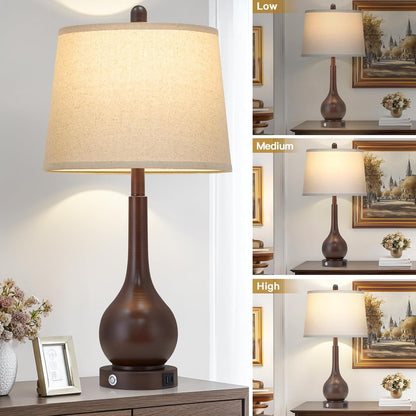 26" Brown Table Lamps Set of 2, Touch Control Bedside Lamps for Bedroom Nightstand, 3-Way Dimmable Farmhouse Lamp for Living Room with Charging Port (2 LED Bulbs Included)3
