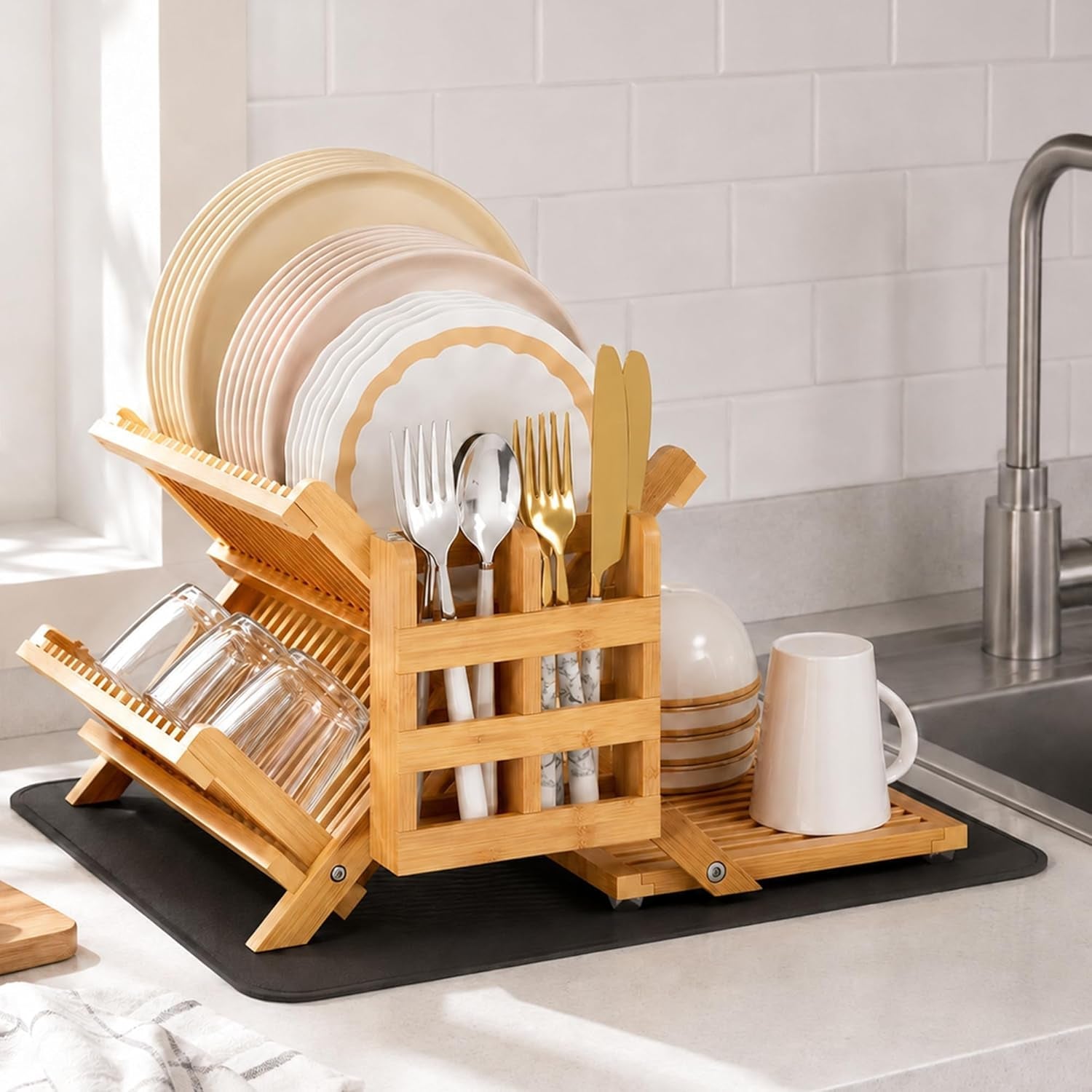 bamboo-dish-drying-rack-with-utensil-holder-3-tier-collapsible-dish-rack-wooden-dish-racks-for-kitchen-counter-large-folding-drying-holder-with-absorbent-dish-drying-mat