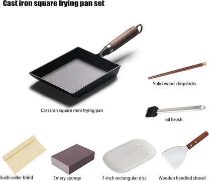 Japanese Cast Iron Tamagoyaki Pan - Pre-Seasoned, Liquid Nitrogen Treated, Non-Rust, Ready to Use, Detachable Wood Handle, Oven Safe, for Omelets, Steak & Camping, Chemical-Free Non-Stick,9X7 Inch2