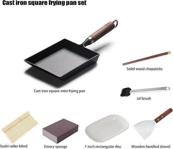 Japanese Cast Iron Tamagoyaki Pan - Pre-Seasoned, Liquid Nitrogen Treated, Non-Rust, Ready to Use, Detachable Wood Handle, Oven Safe, for Omelets, Steak & Camping, Chemical-Free Non-Stick,9X7 Inch2