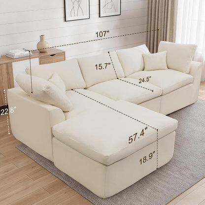 110" Cloud Sectional Couches for Living Room, Modern Modular Sectional Sofa with Ottoman, Boneless Cloud Couch with Comfy Deep Seats, Fluffy Chenille L-Shape Sofa Couch for Living Room, Beige3
