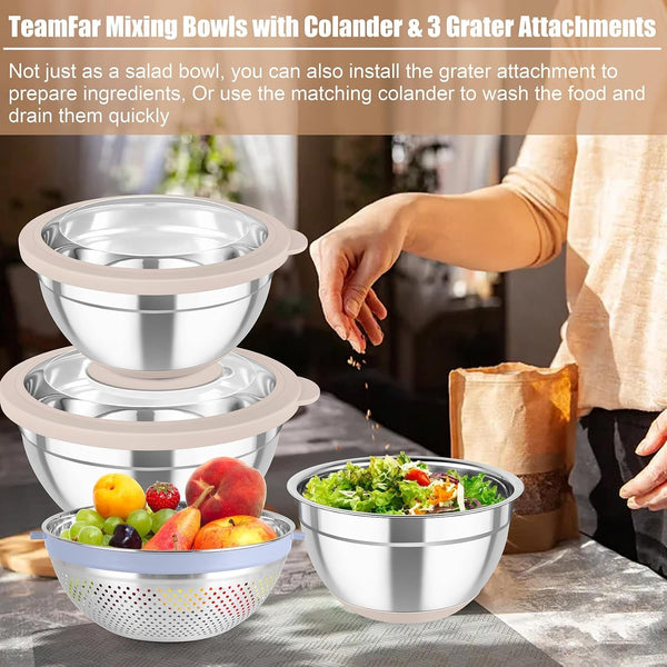 Mixing Bowls with Colander, Stainless Steel Salad Bowls, Khaki6