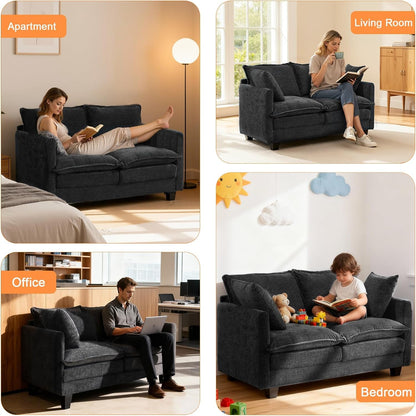 50'' Loveseat Sofa Cloud Sofa Couch, Modern Loveseats 2 Seat Couch 27" Deep Seat with 2 Pillows for Small Spaces Apartment Studio Office Bedroom Living Room, Black9