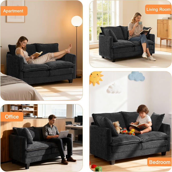 50'' Loveseat Sofa Cloud Sofa Couch, Modern Loveseats 2 Seat Couch 27" Deep Seat with 2 Pillows for Small Spaces Apartment Studio Office Bedroom Living Room, Black9